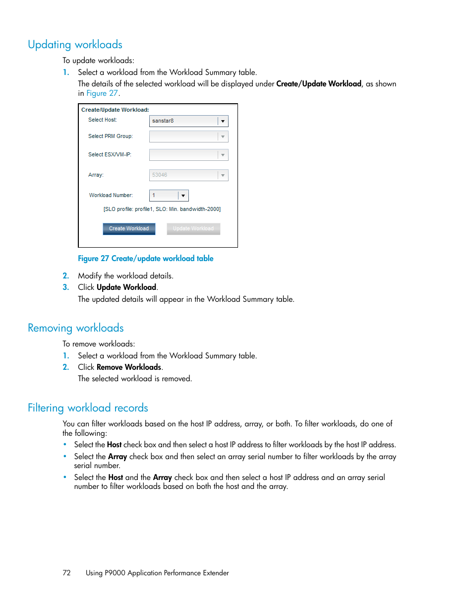 Updating workloads, Removing workloads, Filtering workload records | 72 removing workloads, 72 filtering workload records, Create/update workload table | HP XP Application Performance Extender Software User Manual | Page 72 / 120