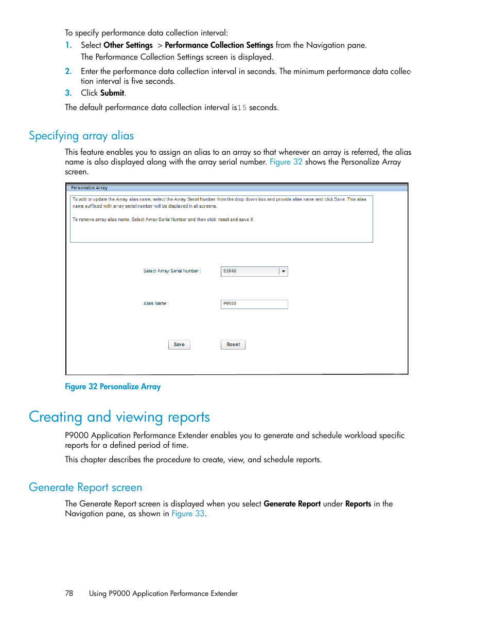 Specifying array alias, Creating and viewing reports, Generate report screen | Personalize array | HP XP Application Performance Extender Software User Manual | Page 78 / 120