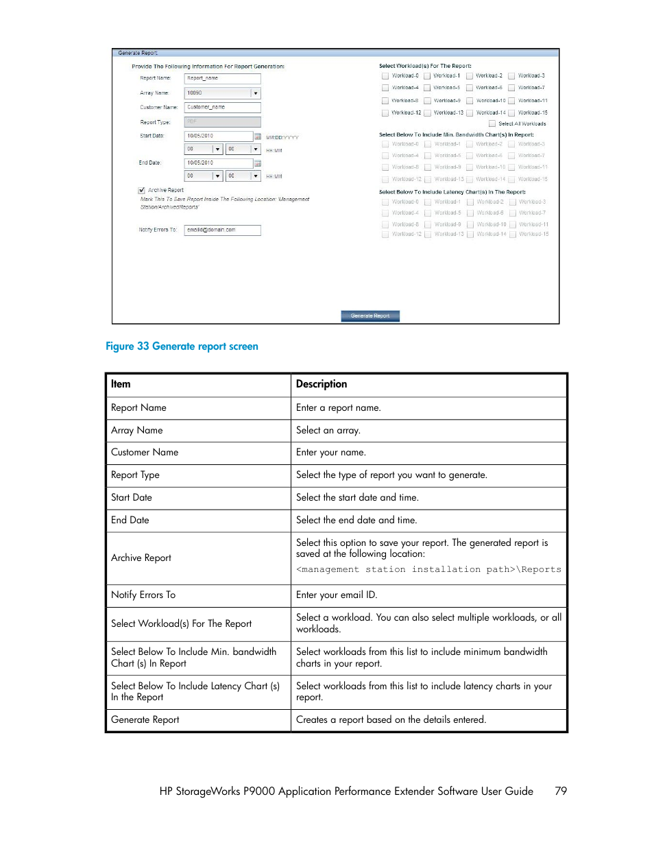 Generate report screen | HP XP Application Performance Extender Software User Manual | Page 79 / 120