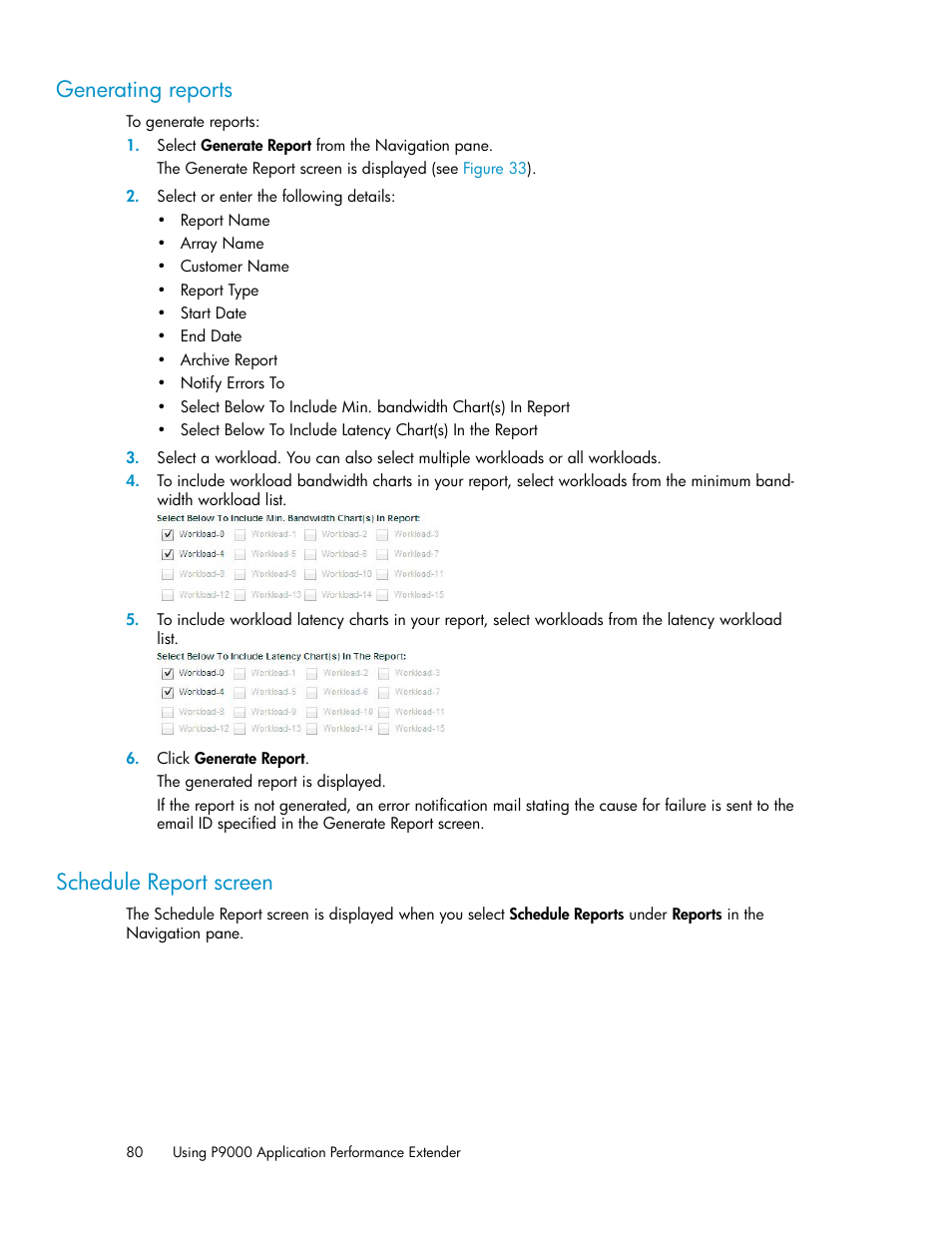 Generating reports, Schedule report screen, 80 schedule report screen | HP XP Application Performance Extender Software User Manual | Page 80 / 120