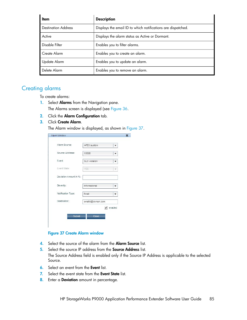 Creating alarms, Create alarm window | HP XP Application Performance Extender Software User Manual | Page 85 / 120