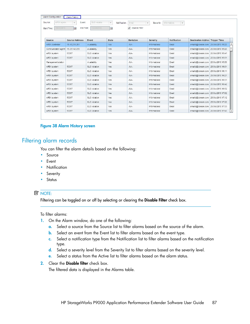 Filtering alarm records, Alarm history screen | HP XP Application Performance Extender Software User Manual | Page 87 / 120