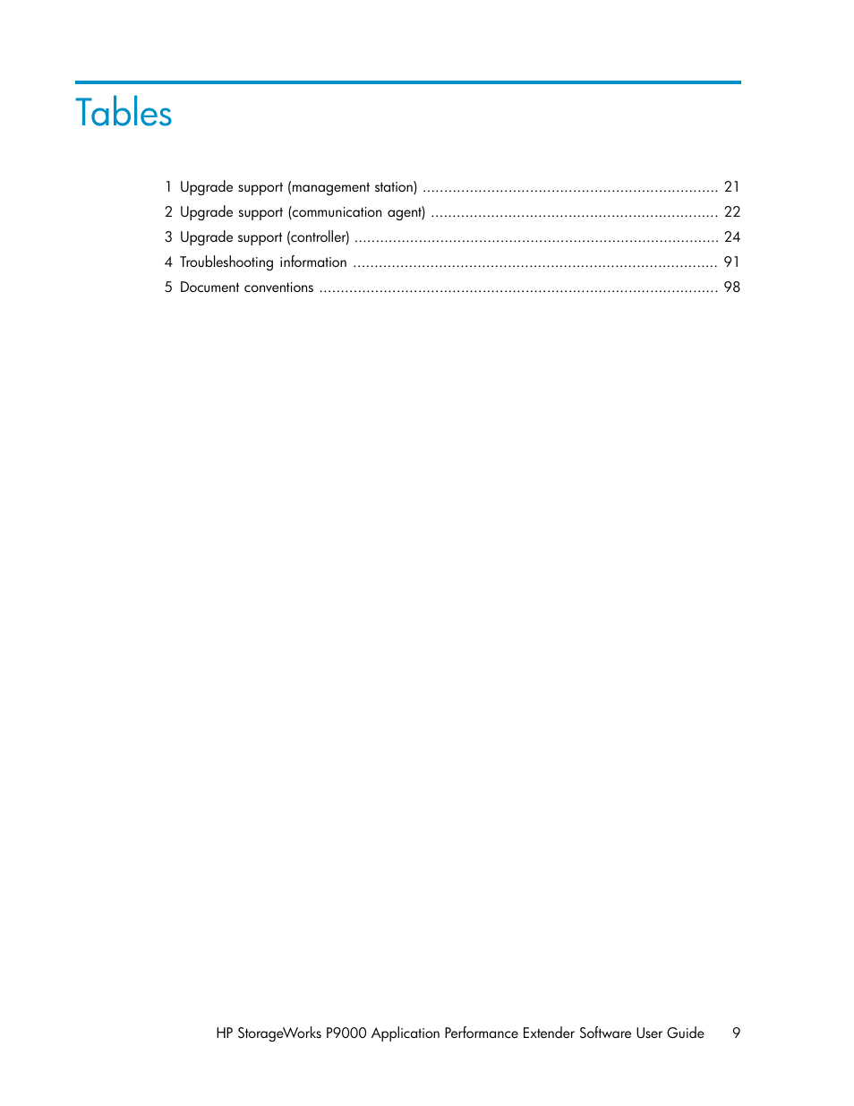 Tables | HP XP Application Performance Extender Software User Manual | Page 9 / 120