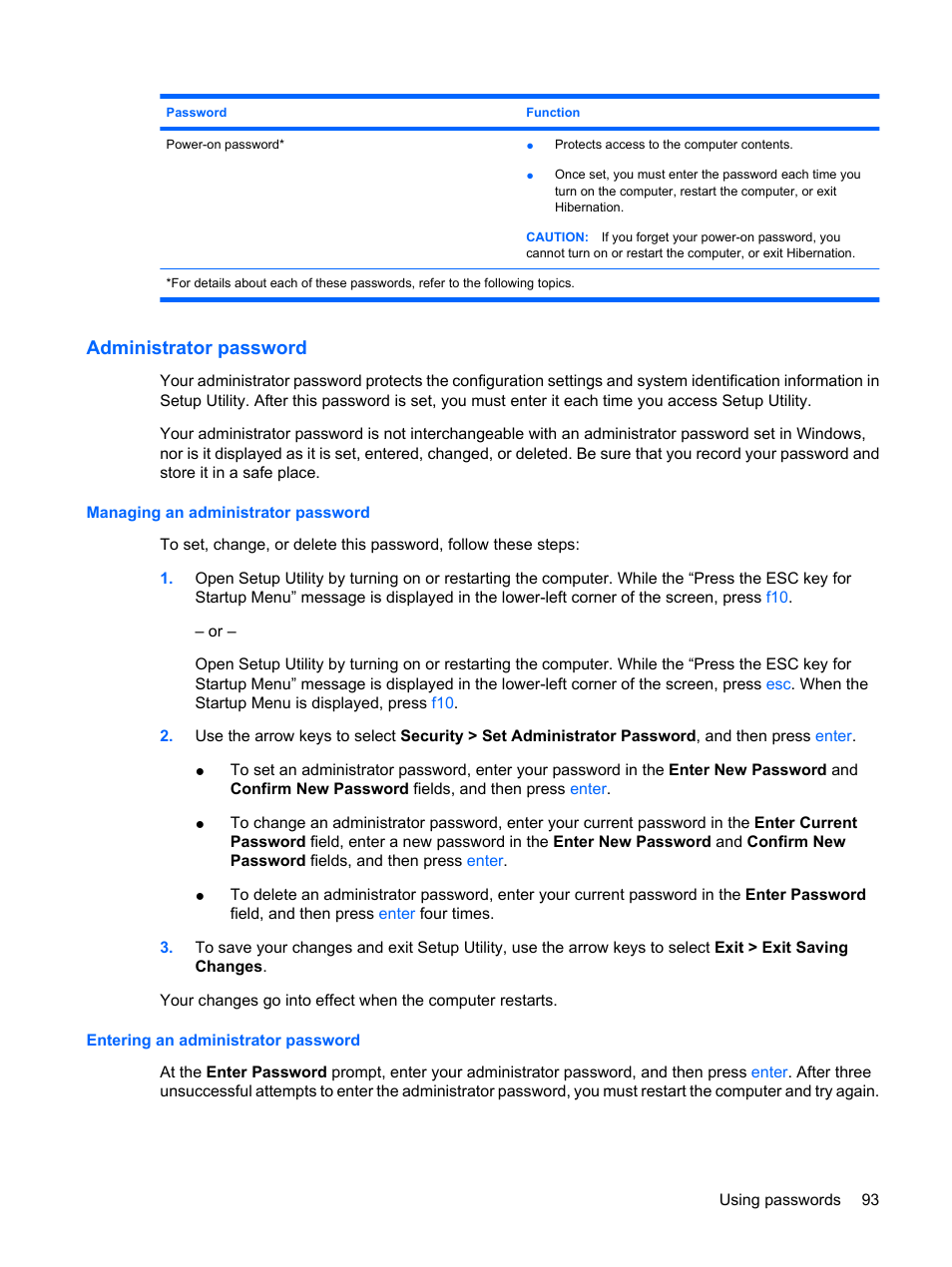 Administrator password, Managing an administrator password, Entering an administrator password | HP Compaq Presario CQ62-225NR Notebook PC User Manual | Page 103 / 126