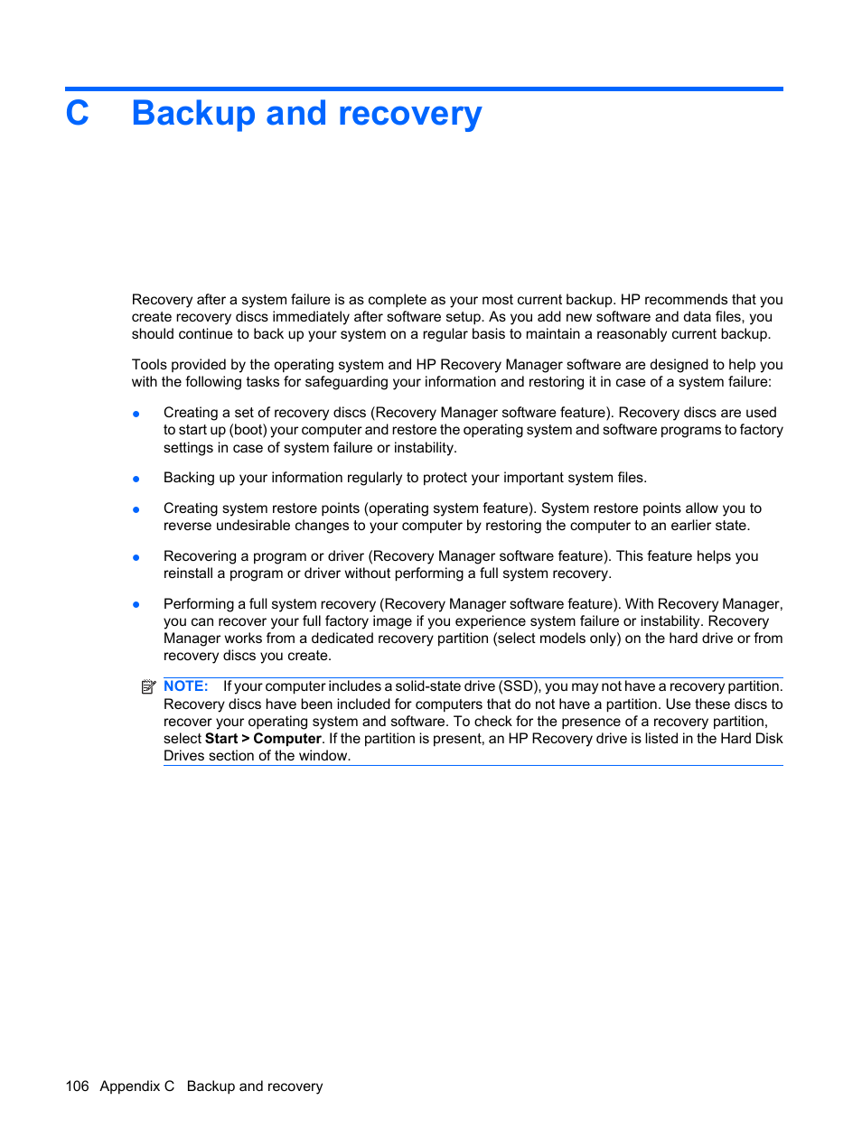 Backup and recovery, Appendix c backup and recovery, Cbackup and recovery | HP Compaq Presario CQ62-225NR Notebook PC User Manual | Page 116 / 126
