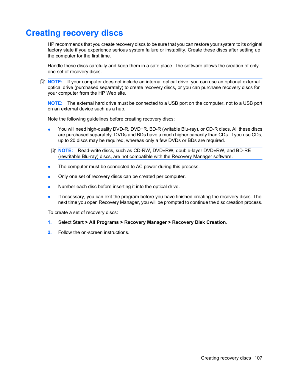 Creating recovery discs | HP Compaq Presario CQ62-225NR Notebook PC User Manual | Page 117 / 126