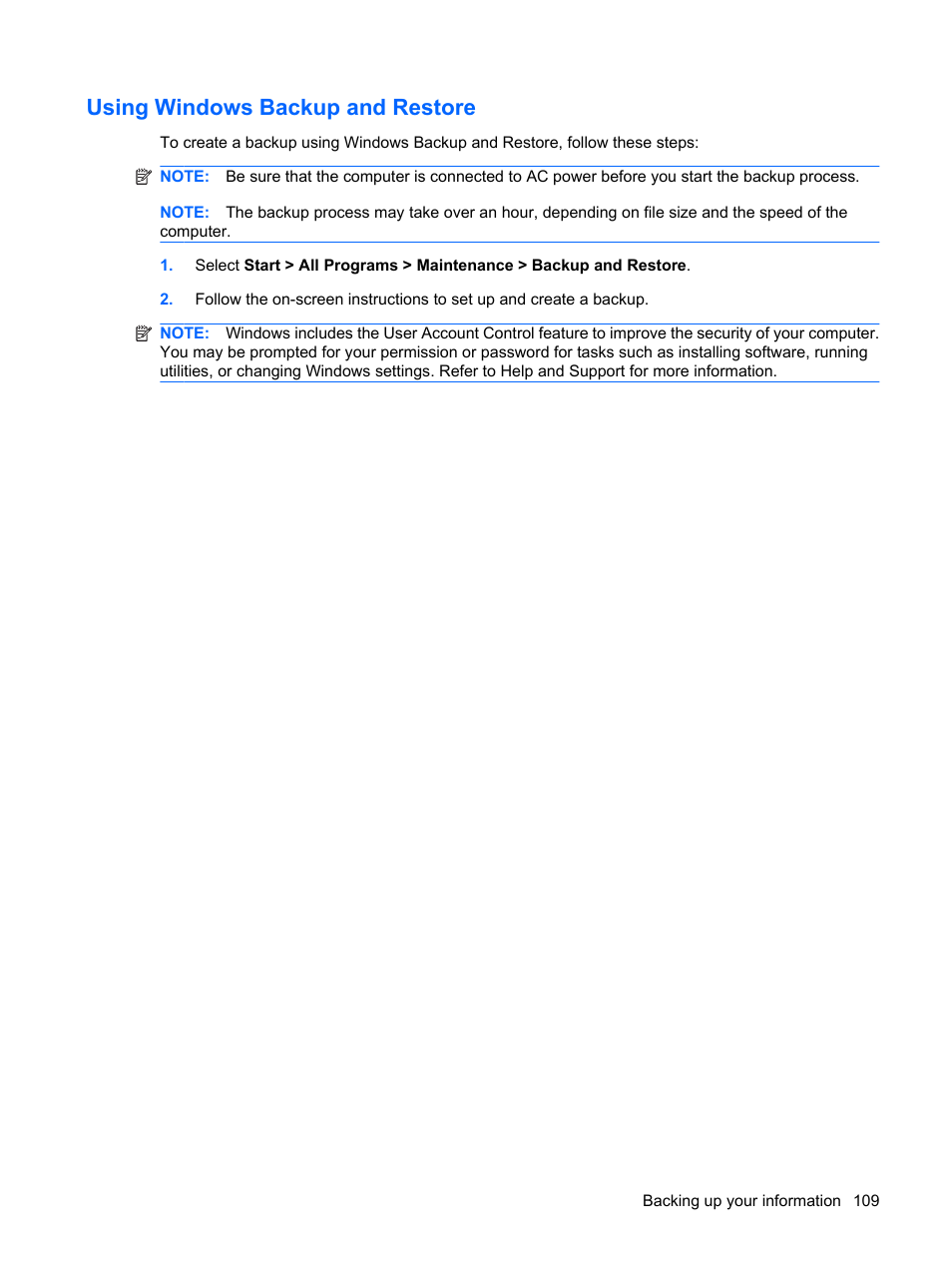 Using windows backup and restore | HP Compaq Presario CQ62-225NR Notebook PC User Manual | Page 119 / 126