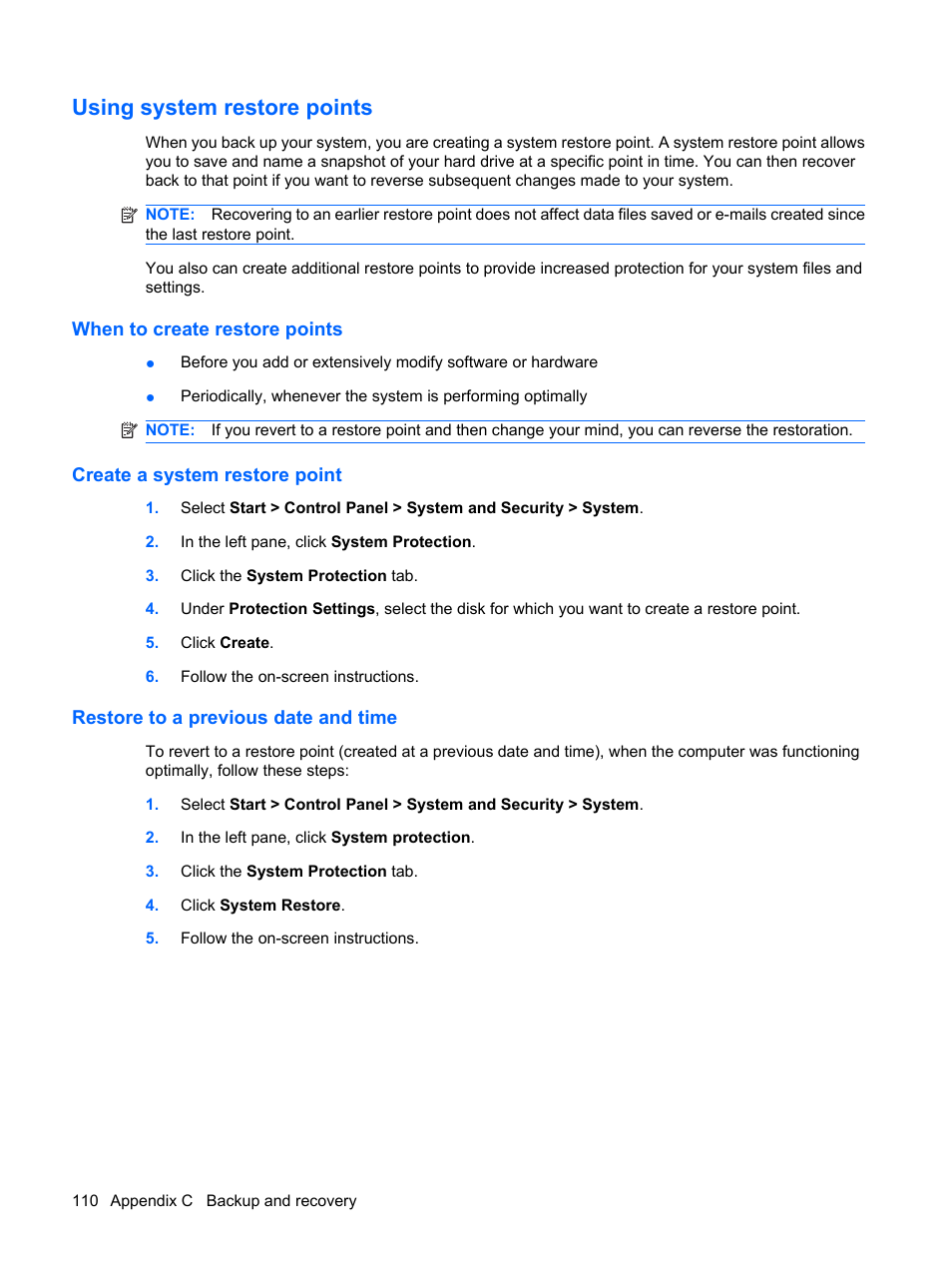 Using system restore points, When to create restore points, Create a system restore point | Restore to a previous date and time | HP Compaq Presario CQ62-225NR Notebook PC User Manual | Page 120 / 126