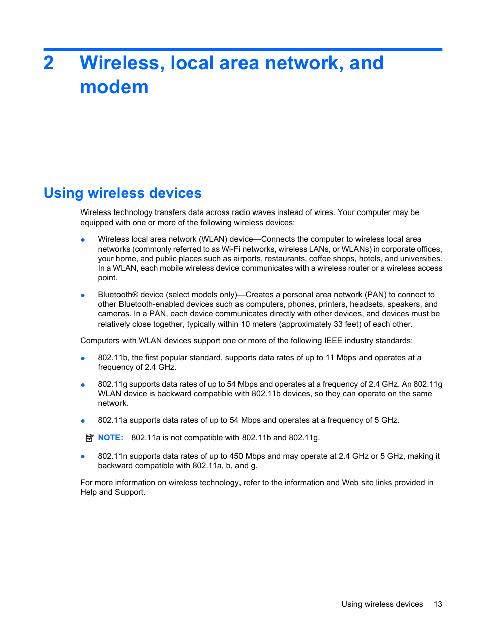 Wireless, local area network, and modem, Using wireless devices, 2 wireless, local area network, and modem | 2wireless, local area network, and modem | HP Compaq Presario CQ62-225NR Notebook PC User Manual | Page 23 / 126