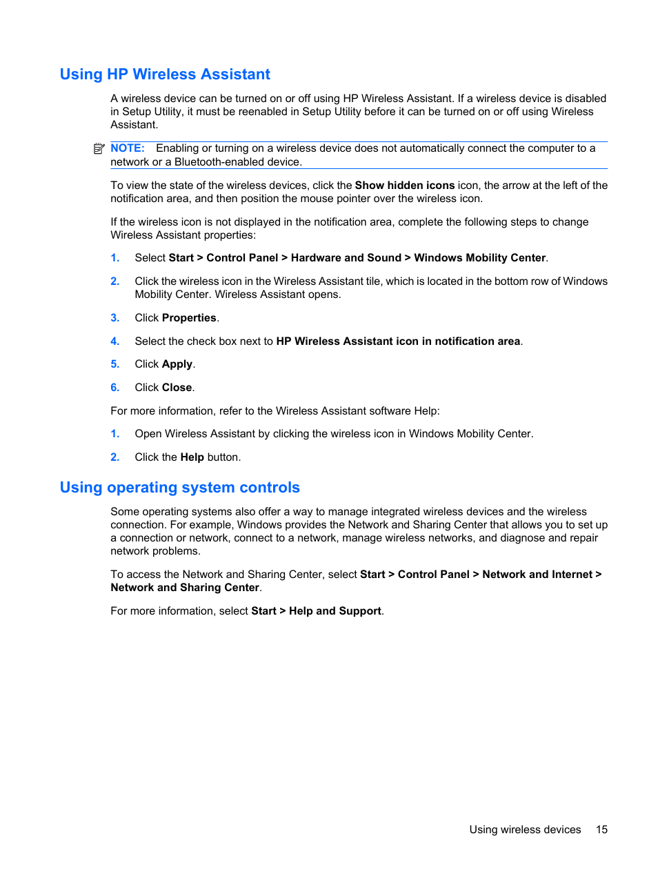 Using hp wireless assistant, Using operating system controls | HP Compaq Presario CQ62-225NR Notebook PC User Manual | Page 25 / 126