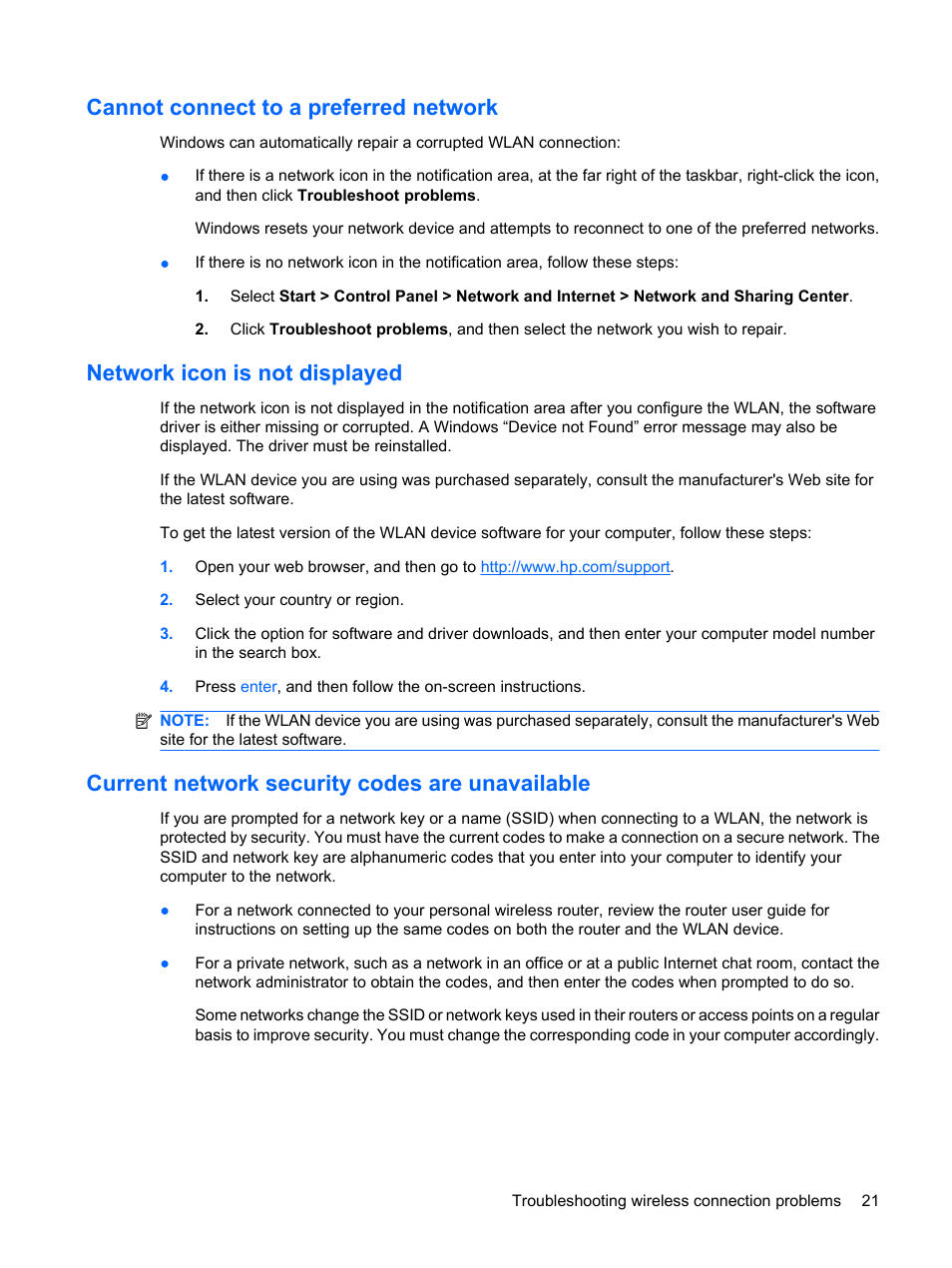 Cannot connect to a preferred network, Network icon is not displayed, Current network security codes are unavailable | HP Compaq Presario CQ62-225NR Notebook PC User Manual | Page 31 / 126
