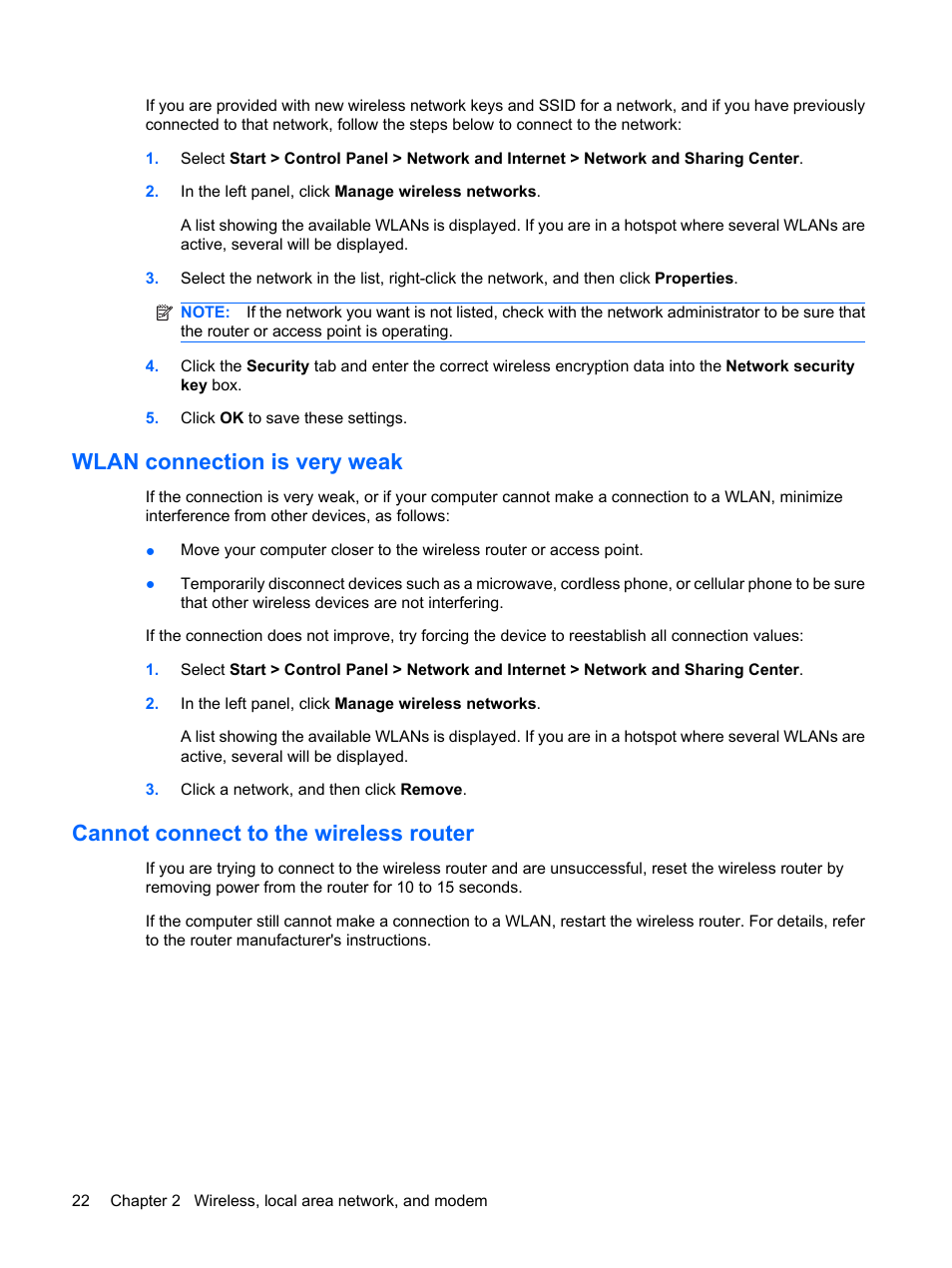 Wlan connection is very weak, Cannot connect to the wireless router | HP Compaq Presario CQ62-225NR Notebook PC User Manual | Page 32 / 126