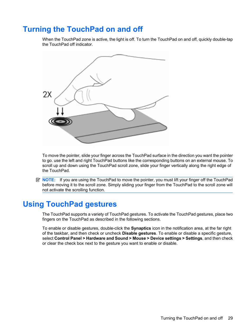 Turning the touchpad on and off, Using touchpad gestures | HP Compaq Presario CQ62-225NR Notebook PC User Manual | Page 39 / 126