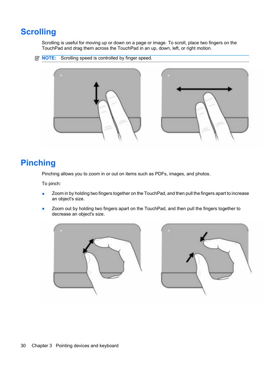 Scrolling, Pinching, Scrolling pinching | HP Compaq Presario CQ62-225NR Notebook PC User Manual | Page 40 / 126