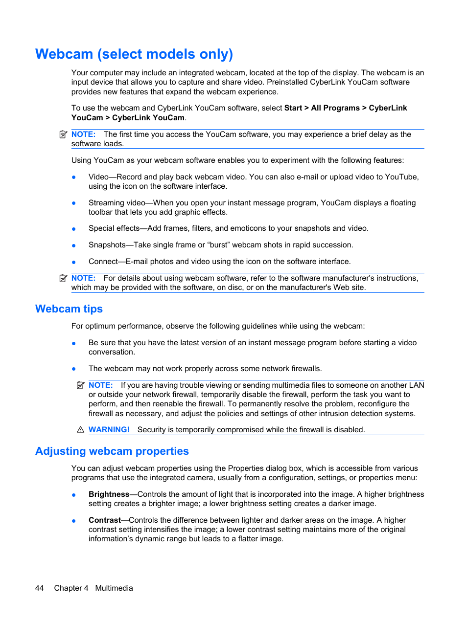 Webcam (select models only), Webcam tips, Adjusting webcam properties | Webcam tips adjusting webcam properties | HP Compaq Presario CQ62-225NR Notebook PC User Manual | Page 54 / 126