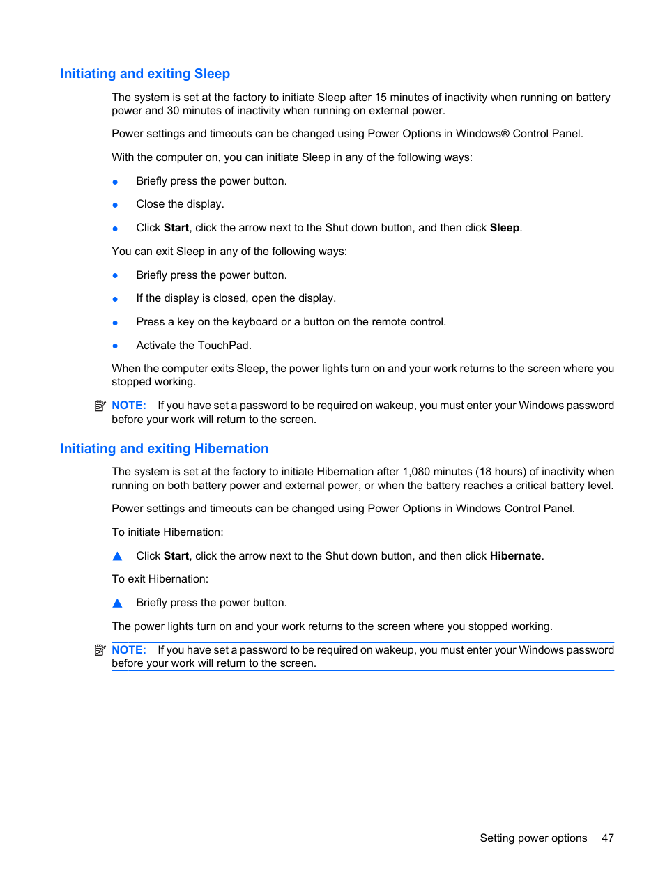 Initiating and exiting sleep, Initiating and exiting hibernation | HP Compaq Presario CQ62-225NR Notebook PC User Manual | Page 57 / 126