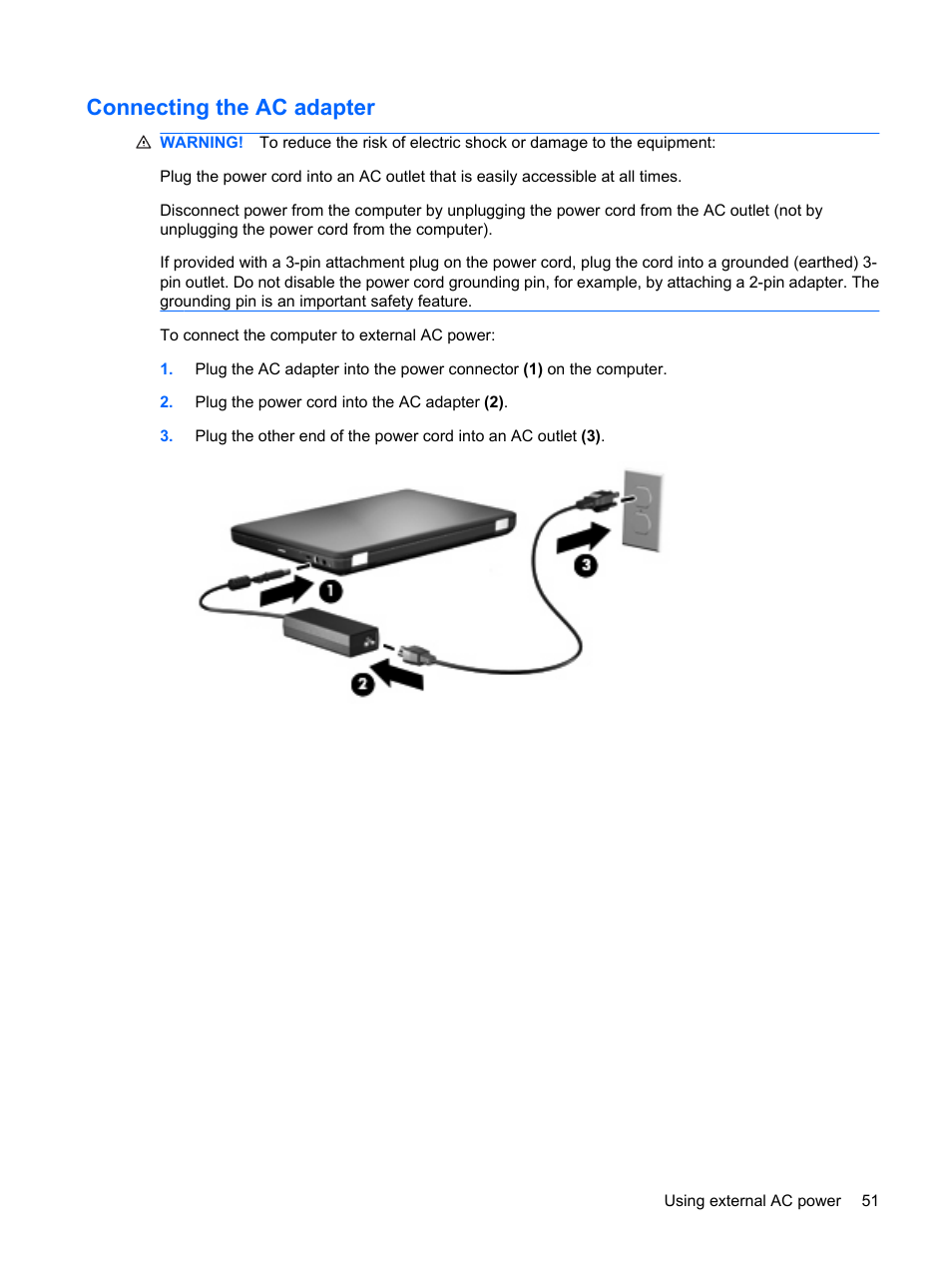 Connecting the ac adapter | HP Compaq Presario CQ62-225NR Notebook PC User Manual | Page 61 / 126