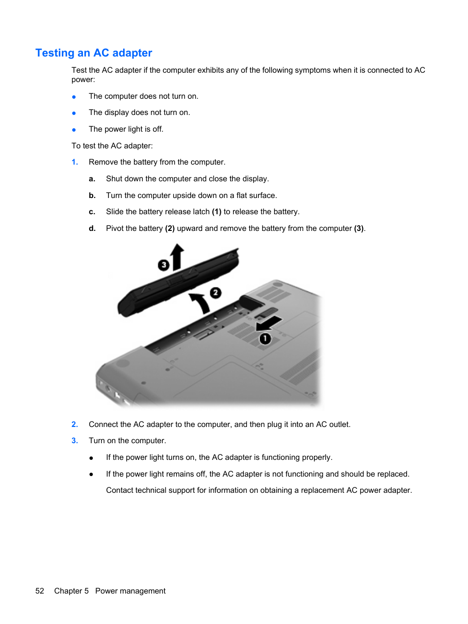 Testing an ac adapter | HP Compaq Presario CQ62-225NR Notebook PC User Manual | Page 62 / 126
