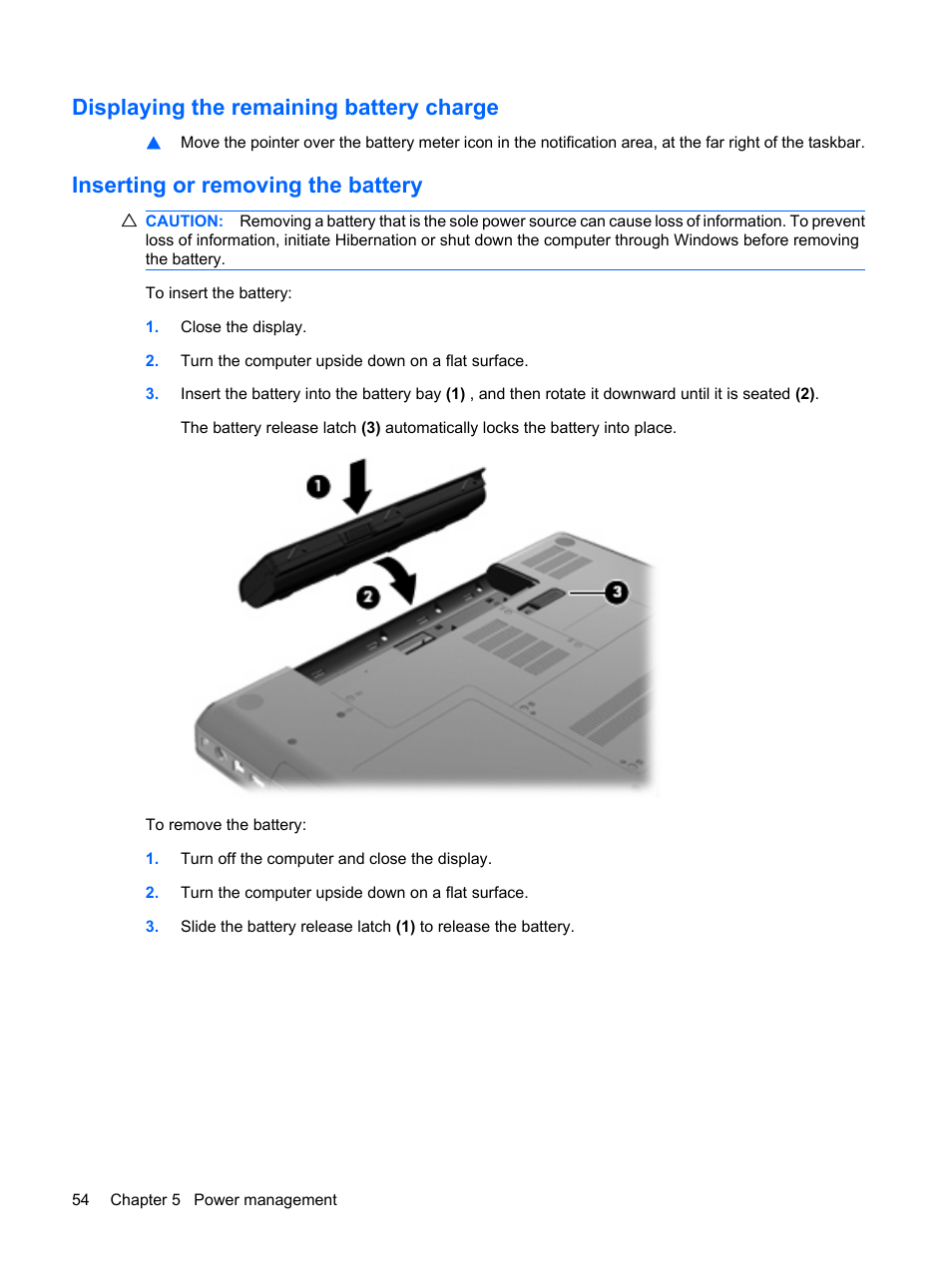 Displaying the remaining battery charge, Inserting or removing the battery | HP Compaq Presario CQ62-225NR Notebook PC User Manual | Page 64 / 126