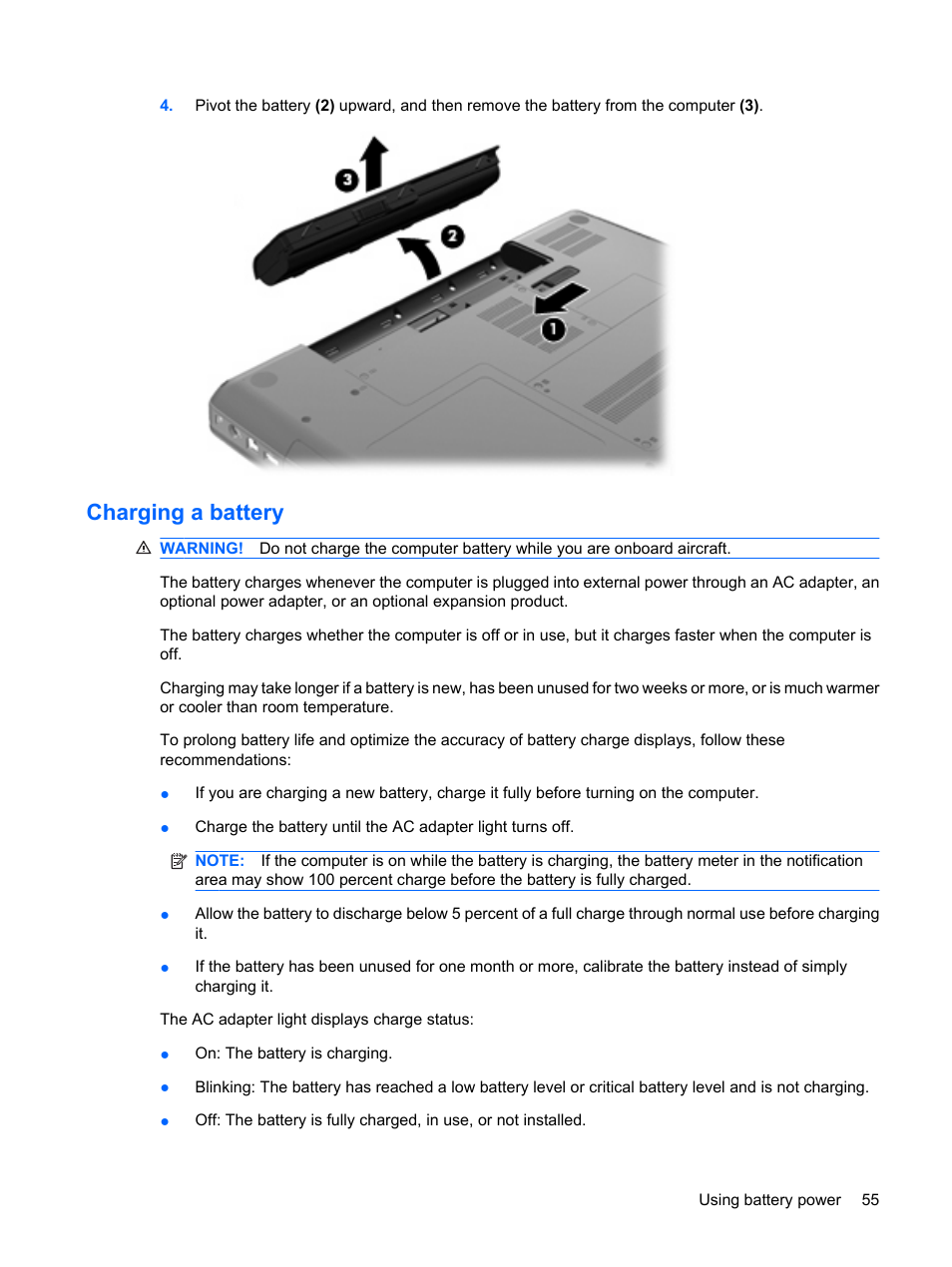 Charging a battery | HP Compaq Presario CQ62-225NR Notebook PC User Manual | Page 65 / 126