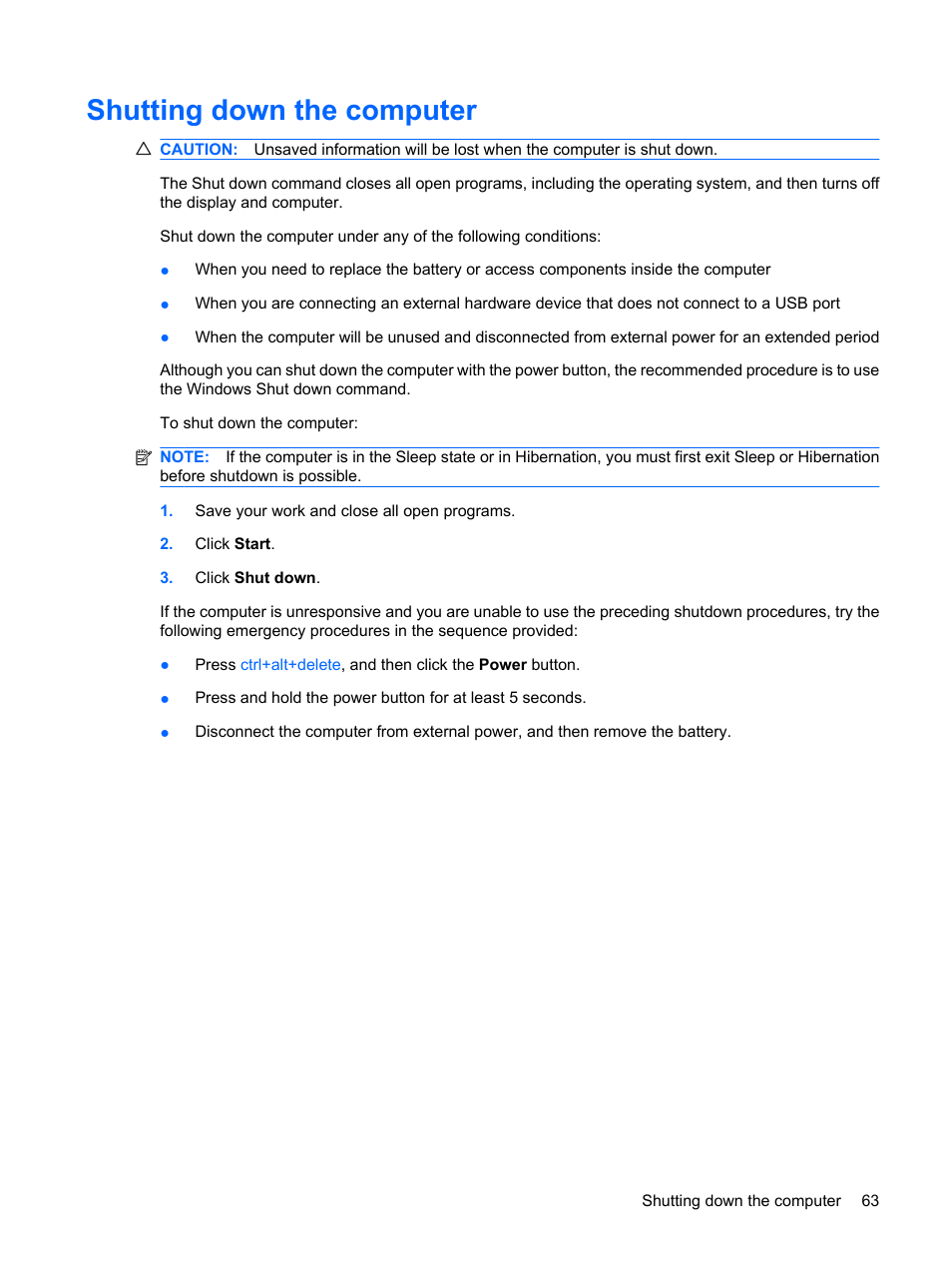 Shutting down the computer | HP Compaq Presario CQ62-225NR Notebook PC User Manual | Page 73 / 126