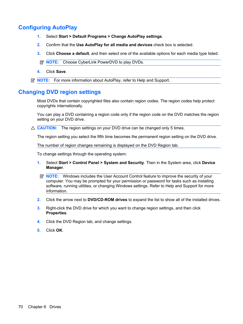 Configuring autoplay, Changing dvd region settings, Configuring autoplay changing dvd region settings | HP Compaq Presario CQ62-225NR Notebook PC User Manual | Page 80 / 126