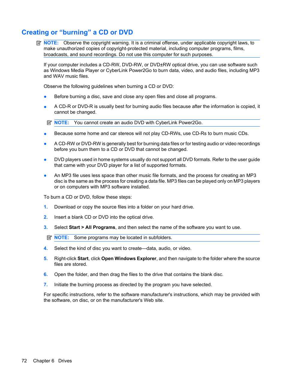 Creating or “burning” a cd or dvd | HP Compaq Presario CQ62-225NR Notebook PC User Manual | Page 82 / 126