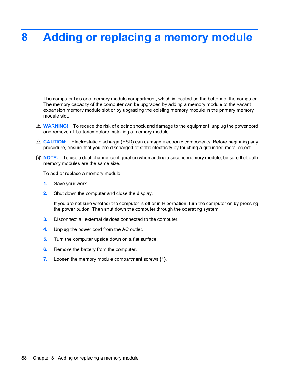 Adding or replacing a memory module, 8 adding or replacing a memory module | HP Compaq Presario CQ62-225NR Notebook PC User Manual | Page 98 / 126