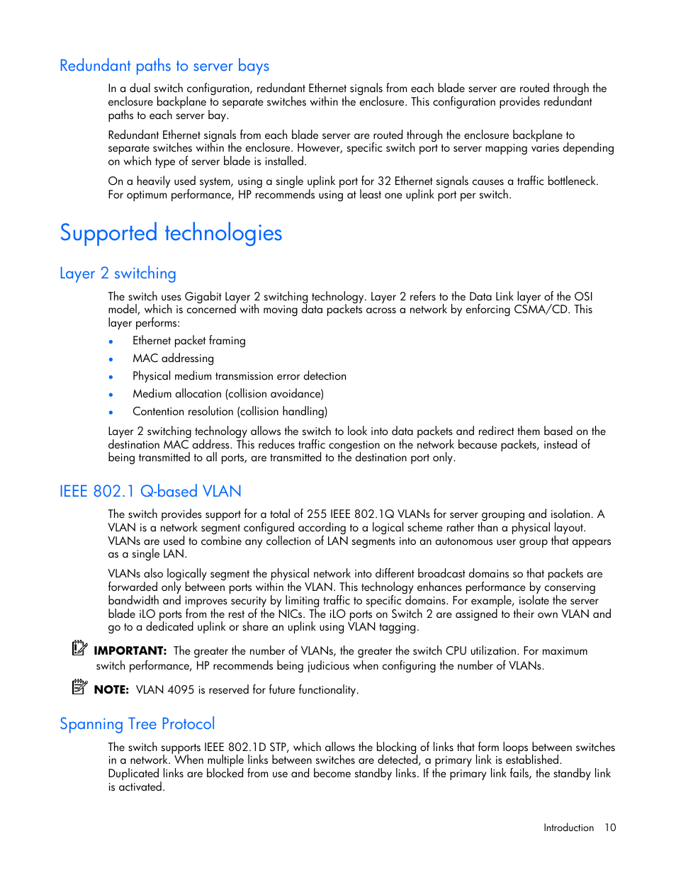 Redundant paths to server bays, Supported technologies, Layer 2 switching | Ieee 802.1 q-based vlan, Spanning tree protocol | HP ProLiant xw460c Blade Workstation User Manual | Page 10 / 58