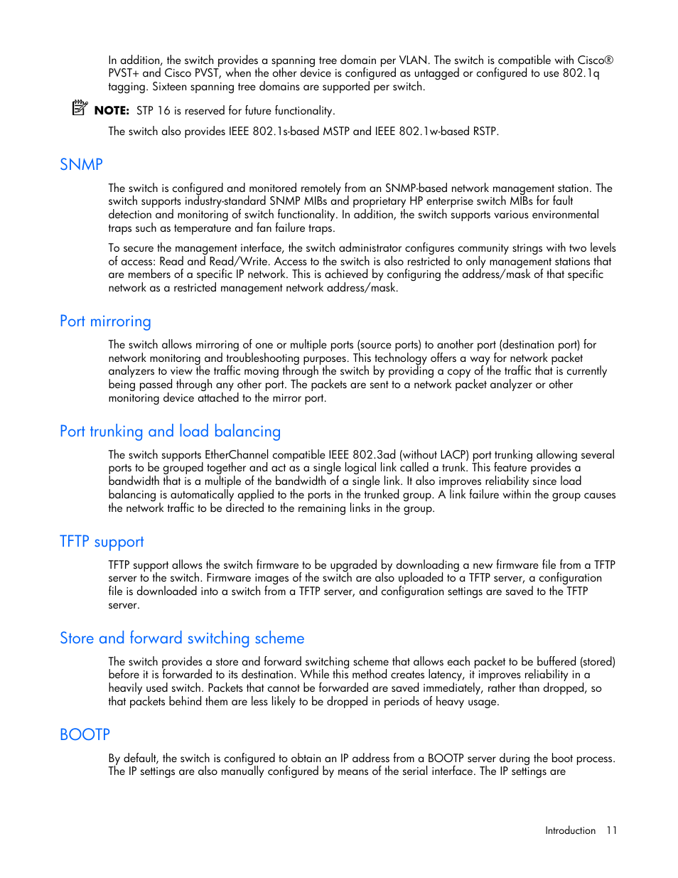 Snmp, Port mirroring, Port trunking and load balancing | Tftp support, Store and forward switching scheme, Bootp | HP ProLiant xw460c Blade Workstation User Manual | Page 11 / 58