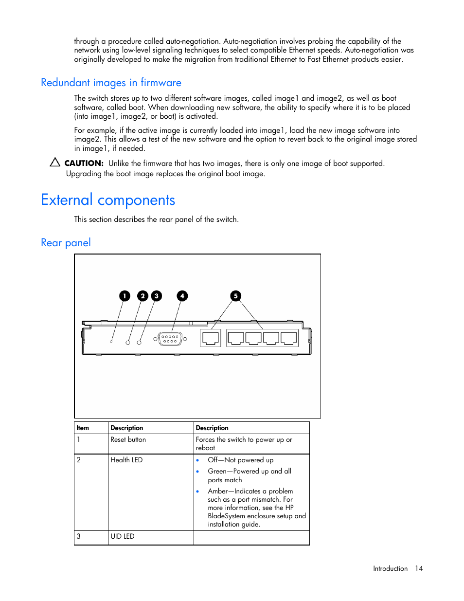 Redundant images in firmware, External components, Rear panel | HP ProLiant xw460c Blade Workstation User Manual | Page 14 / 58