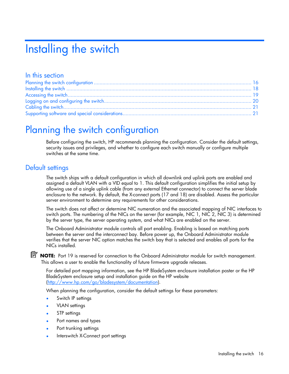 Installing the switch, Planning the switch configuration, Default settings | HP ProLiant xw460c Blade Workstation User Manual | Page 16 / 58