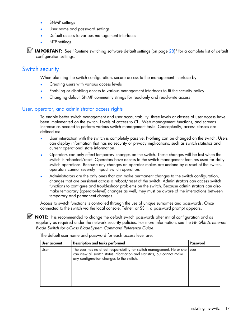 Switch security, User, operator, and administrator access rights | HP ProLiant xw460c Blade Workstation User Manual | Page 17 / 58
