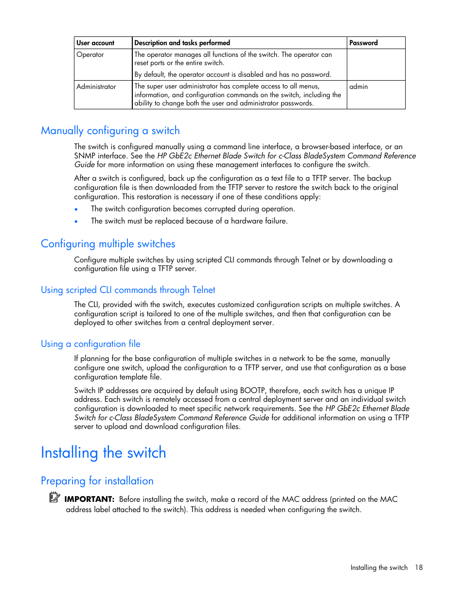 Manually configuring a switch, Configuring multiple switches, Using scripted cli commands through telnet | Using a configuration file, Installing the switch, Preparing for installation | HP ProLiant xw460c Blade Workstation User Manual | Page 18 / 58