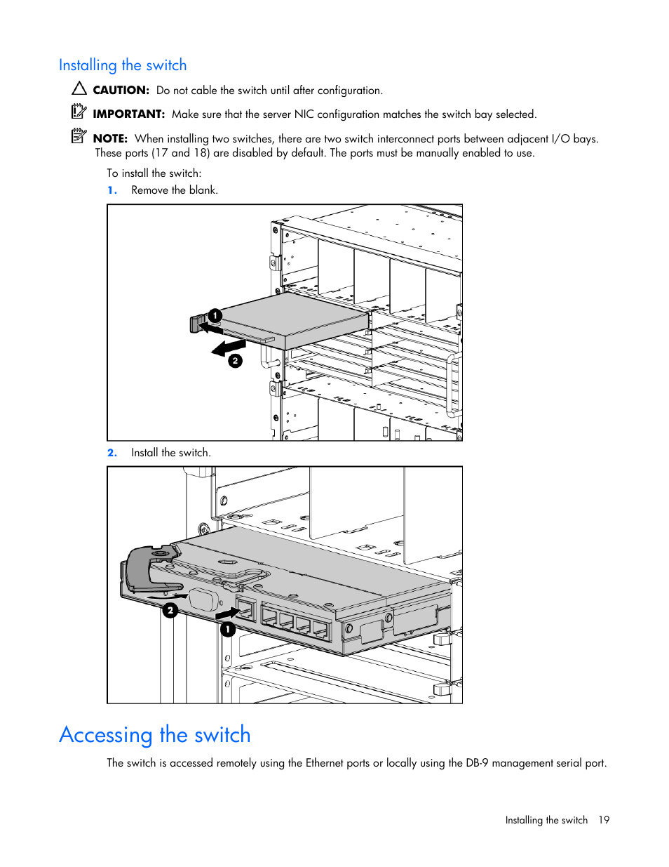Installing the switch, Accessing the switch | HP ProLiant xw460c Blade Workstation User Manual | Page 19 / 58