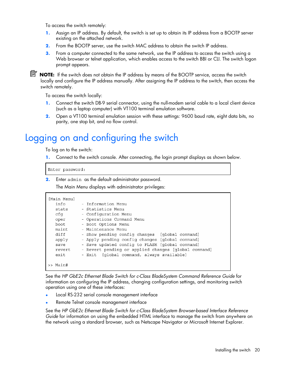 Logging on and configuring the switch | HP ProLiant xw460c Blade Workstation User Manual | Page 20 / 58