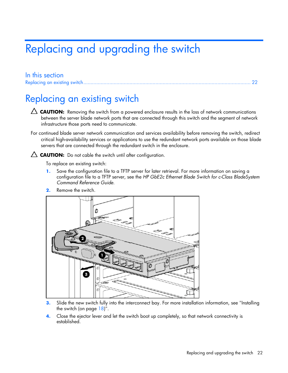 Replacing and upgrading the switch, Replacing an existing switch | HP ProLiant xw460c Blade Workstation User Manual | Page 22 / 58