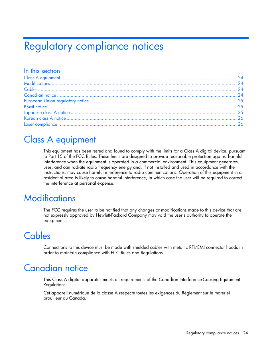 Regulatory compliance notices, Class a equipment, Modifications | Cables, Canadian notice | HP ProLiant xw460c Blade Workstation User Manual | Page 24 / 58