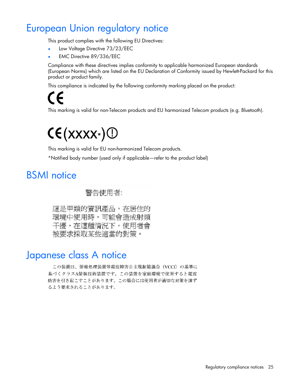 European union regulatory notice, Bsmi notice, Japanese class a notice | 25 bsmi notice, 25 japanese class a notice | HP ProLiant xw460c Blade Workstation User Manual | Page 25 / 58