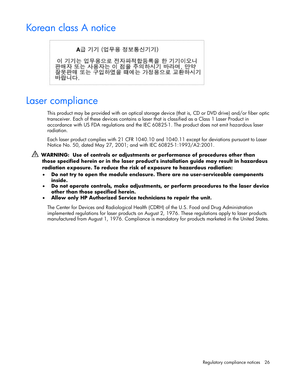 Korean class a notice, Laser compliance, 26 laser compliance | HP ProLiant xw460c Blade Workstation User Manual | Page 26 / 58