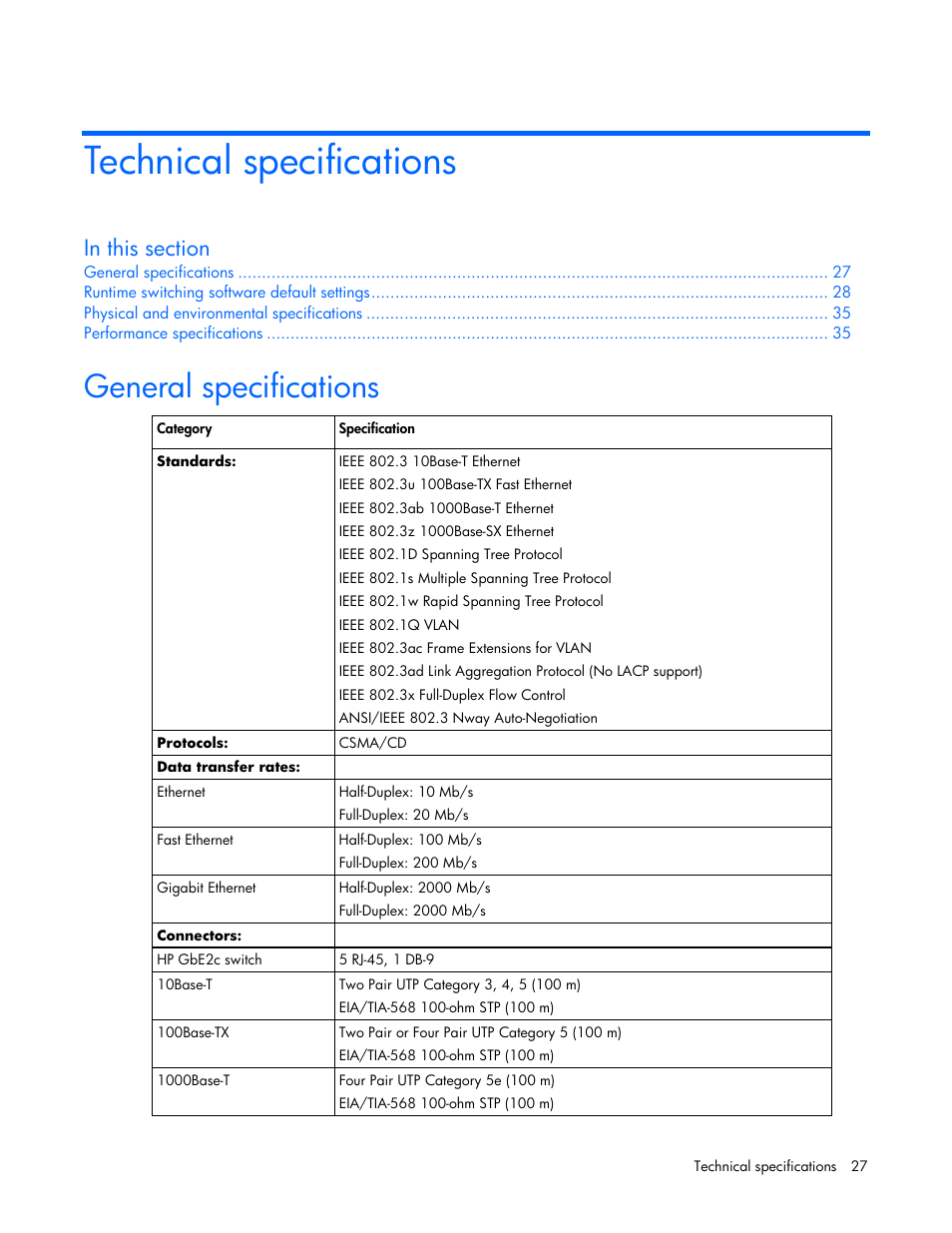Technical specifications, General specifications | HP ProLiant xw460c Blade Workstation User Manual | Page 27 / 58