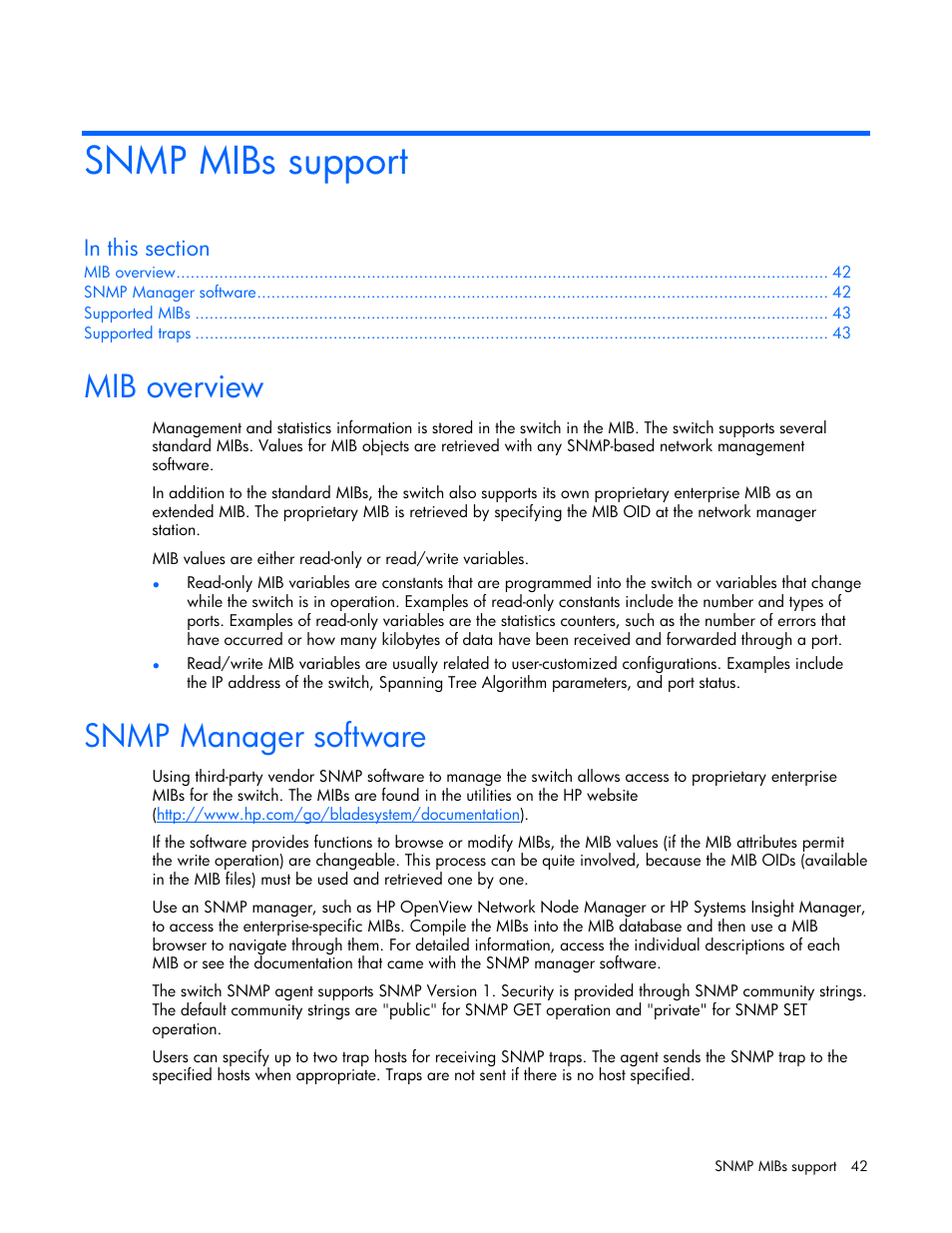 Snmp mibs support, Mib overview, Snmp manager software | HP ProLiant xw460c Blade Workstation User Manual | Page 42 / 58