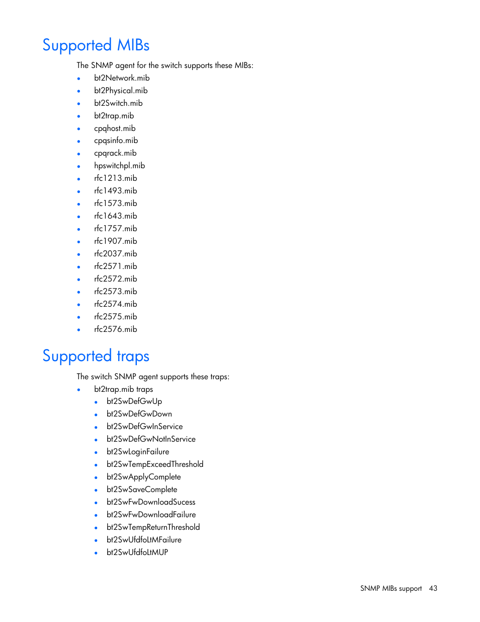 Supported mibs, Supported traps, 43 supported traps | HP ProLiant xw460c Blade Workstation User Manual | Page 43 / 58