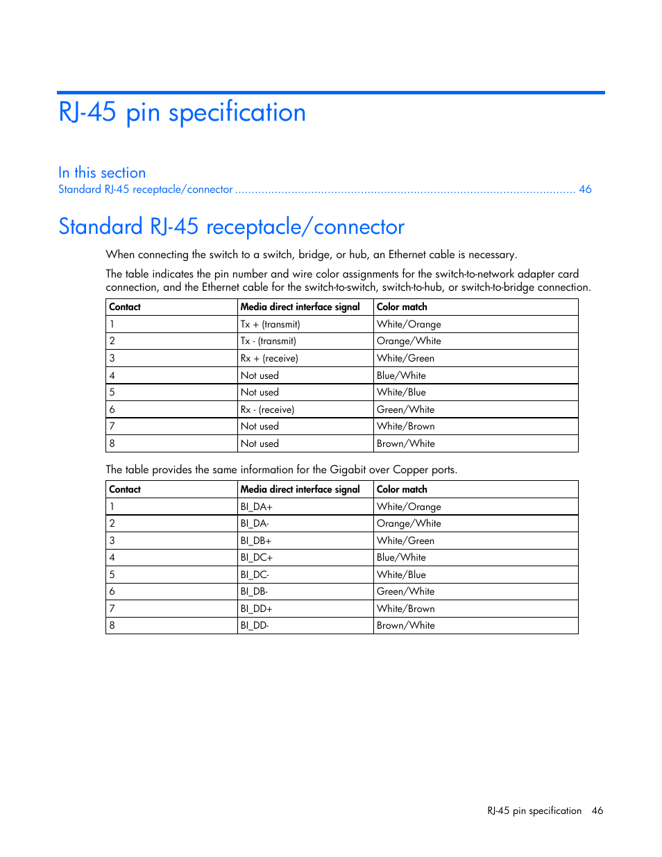 Rj-45 pin specification, Standard rj-45 receptacle/connector | HP ProLiant xw460c Blade Workstation User Manual | Page 46 / 58