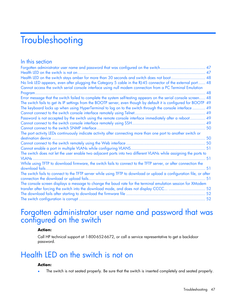 Troubleshooting, Health led on the switch is not on | HP ProLiant xw460c Blade Workstation User Manual | Page 47 / 58