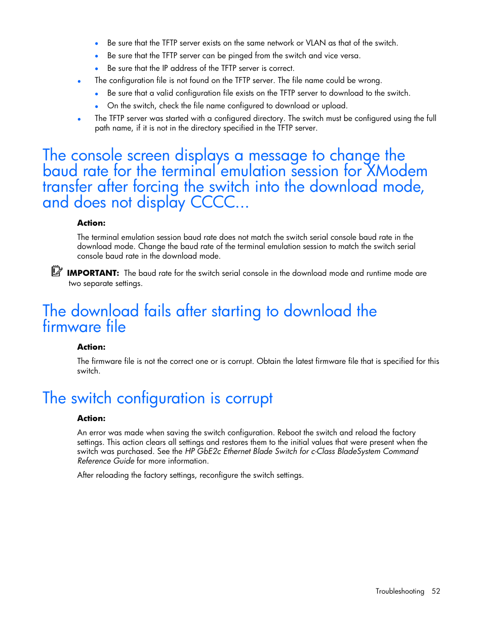 The switch configuration is corrupt, 52 the switch configuration is corrupt | HP ProLiant xw460c Blade Workstation User Manual | Page 52 / 58