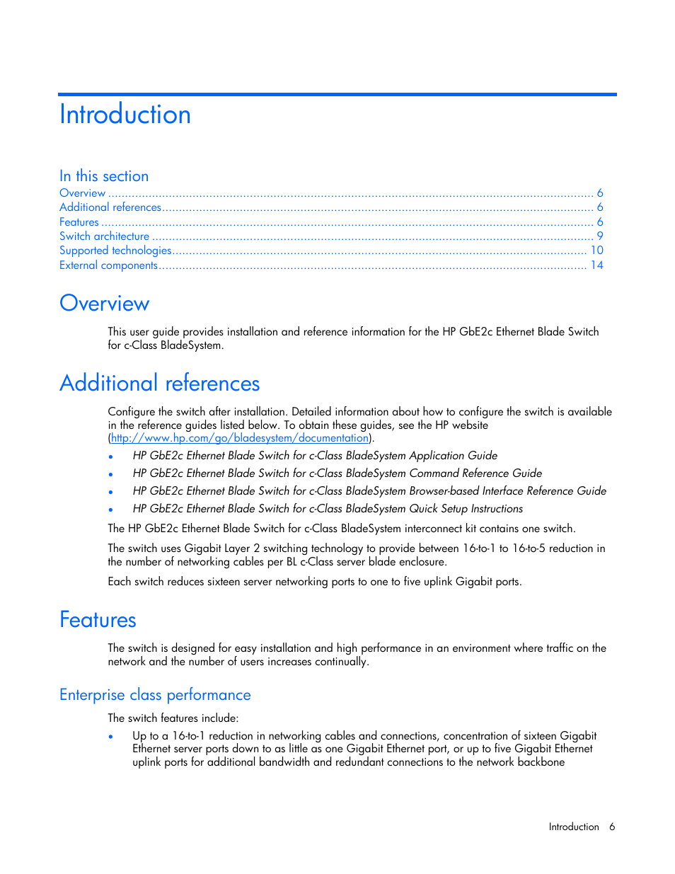 Introduction, Overview, Additional references | Features, Enterprise class performance | HP ProLiant xw460c Blade Workstation User Manual | Page 6 / 58