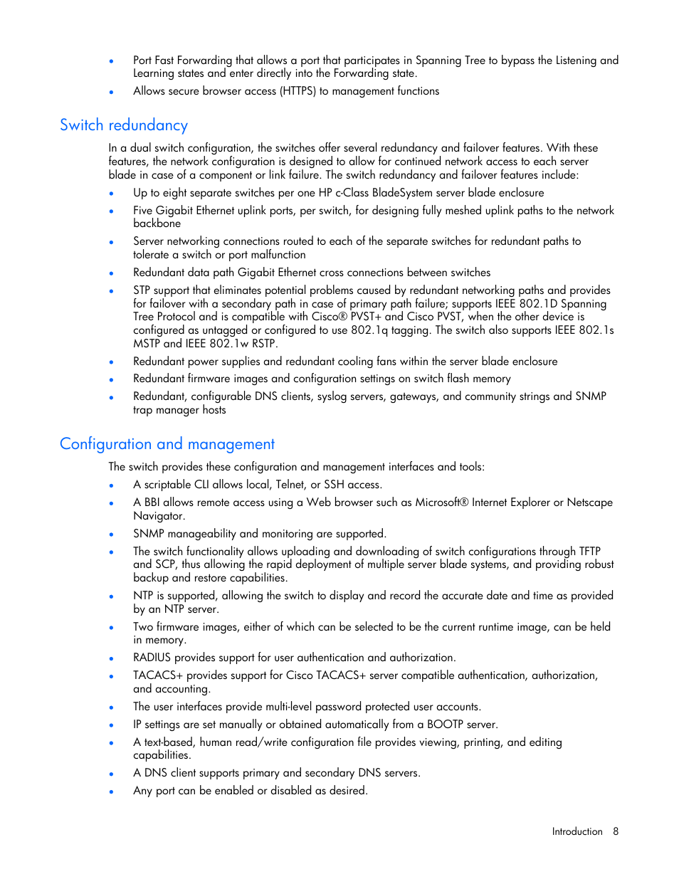 Switch redundancy, Configuration and management | HP ProLiant xw460c Blade Workstation User Manual | Page 8 / 58