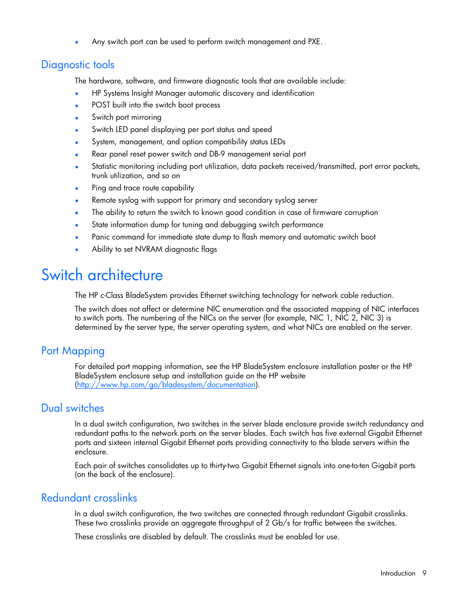 Diagnostic tools, Switch architecture, Port mapping | Dual switches, Redundant crosslinks | HP ProLiant xw460c Blade Workstation User Manual | Page 9 / 58