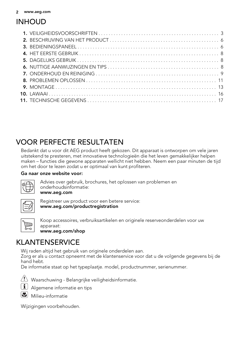 Inhoud, Voor perfecte resultaten, Klantenservice | AEG A71100TSW0 User Manual | Page 2 / 68